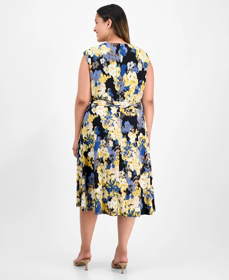 Kasper Plus Floral Print Cowlneck Dress