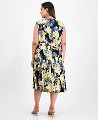 Kasper Plus Floral Print Cowlneck Dress