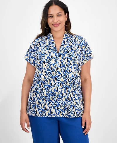 Kasper Plus Printed V-Neck Short-Sleeve Top
