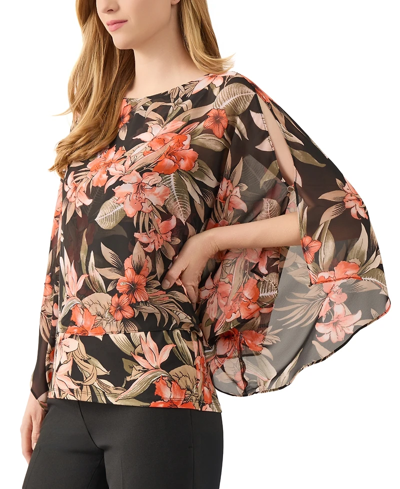 Kasper Women's Floral 3/4-Sleeve Poncho Blouse