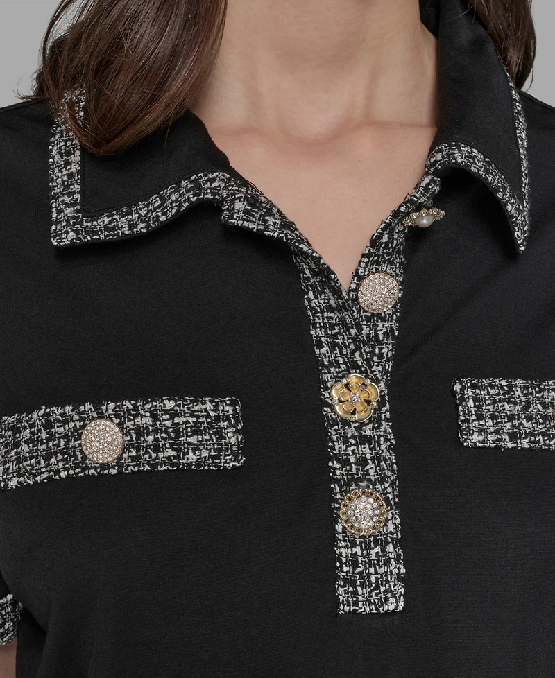 Karl Lagerfeld Paris Petite Tweed-Trim Knit Top