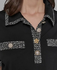 Karl Lagerfeld Paris Petite Tweed-Trim Knit Top
