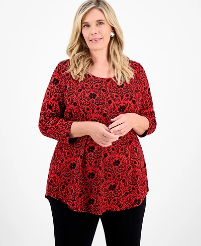 Jm Collection Plus Printed 3/4-Sleeve Top, Macy's Exclusive