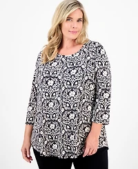 Jm Collection Plus Size Printed 3/4-Sleeve Top, Macy's Exclusive