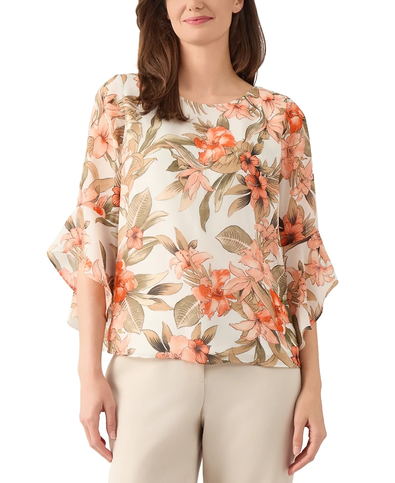 Kasper Women's Floral Boat-Neck Ruffle-Sleeve Blouse, Regular & Petite Sizes
