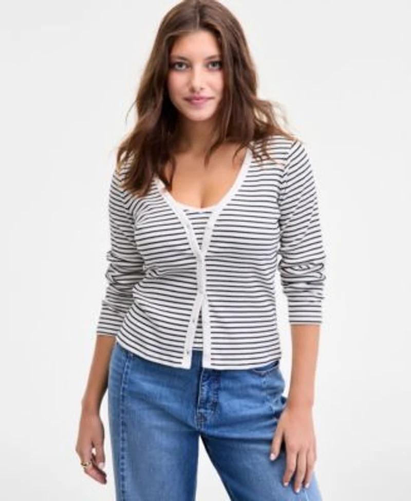 On 34th Womens Ribbed Striped Cardigan V Neck Tank Cropped Barrel Jeans Macys Exclusive