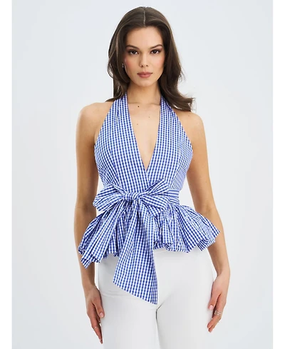 Miss Circle Women's Ilene Blue and White Checkered Bubble Hem Halter Top