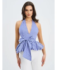 Miss Circle Women's Ilene Blue and White Checkered Bubble Hem Halter Top