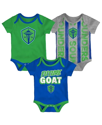 Outerstuff Newborn 3-Pack Green/Heather Gray/Blue Seattle Sounders Fc Loyal Buddies Bodysuit Set