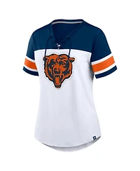 Fanatics Women's White/Navy Chicago Bears Athena Rhinestone Lace-Up V-Neck T-Shirt