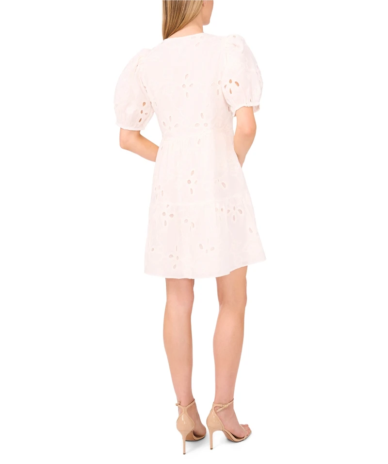 CeCe Women's Tie-Neck Embroidered Tiered Short-Sleeve Dress