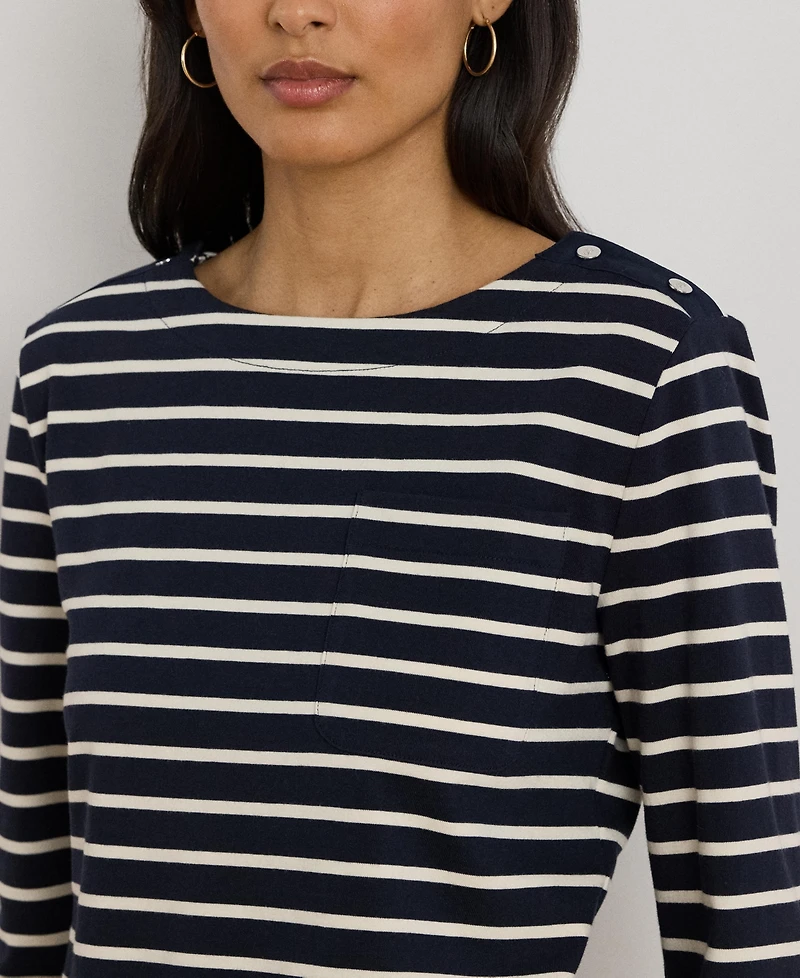 Lauren Ralph Women's Striped Jersey Snap-Trim Boatneck Top