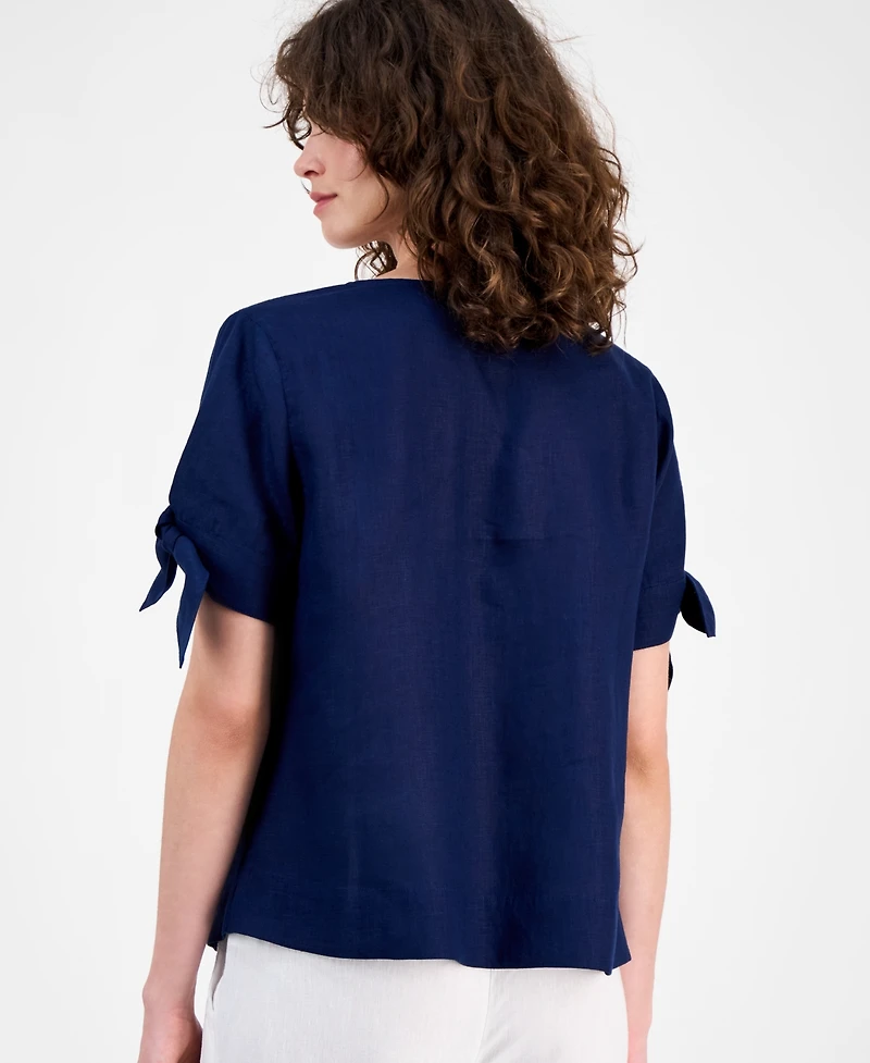 Charter Club Petite 100% Linen Split-Neck Tie Sleeve Top, Created for Macy's