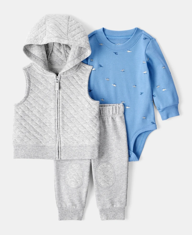 Carter's Baby Boys Quilted Vest, Helicopter-Print Long-Sleeve Bodysuit & Jogger Pants, 3 Piece Set