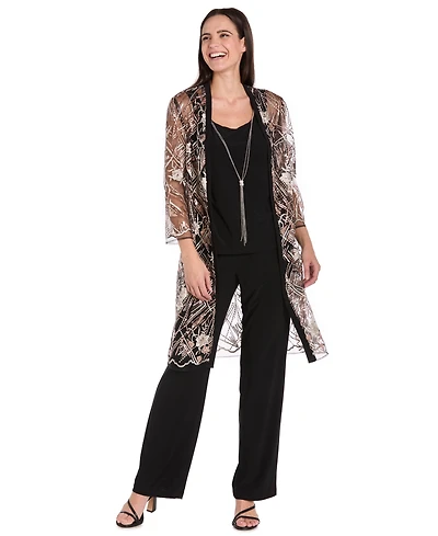 R & M Richards Women's Embellished Sheer Long Jacket, Sleeveless Top and Pants Set