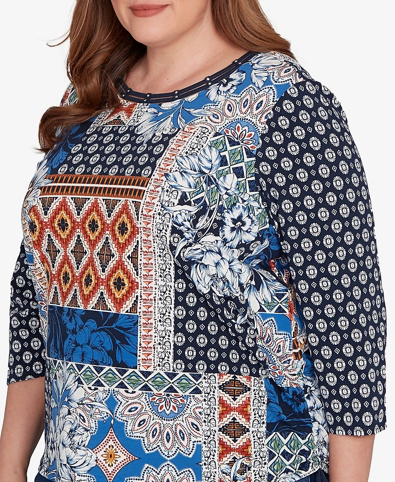 Alfred Dunner Plus Batik Patchwork Drawstring Closure Top