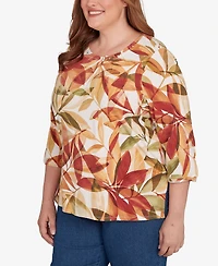 Alfred Dunner Plus Leaf Pleated Crew Neck Top
