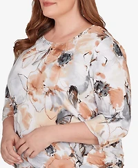 Alfred Dunner Plus Watercolor Floral Gathered Sides Crew Neck Top