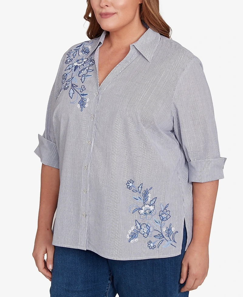 Alfred Dunner Plus Classic Diagonal Floral Metallic Stripe Button Front Top