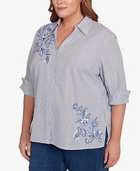 Alfred Dunner Plus Classic Diagonal Floral Metallic Stripe Button Front Top