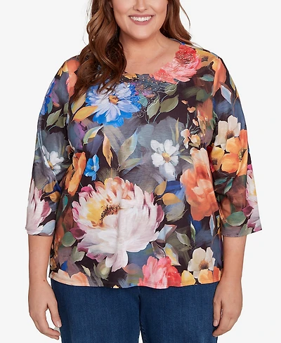 Alfred Dunner Plus Classic Dramatic Floral Lace Neck Top