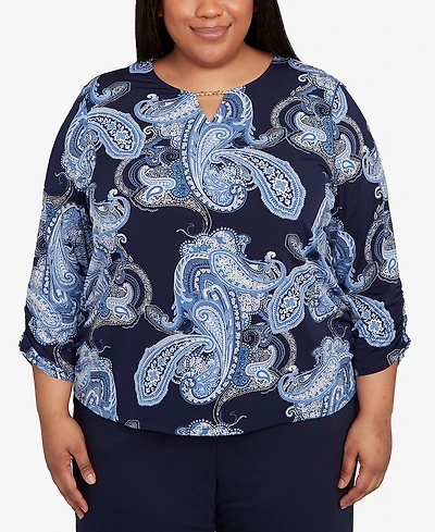 Alfred Dunner Plus Classic Puff Print Paisley Gold Foil Keyholeneck Top