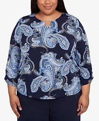 Alfred Dunner Plus Classic Puff Print Paisley Gold Foil Keyholeneck Top
