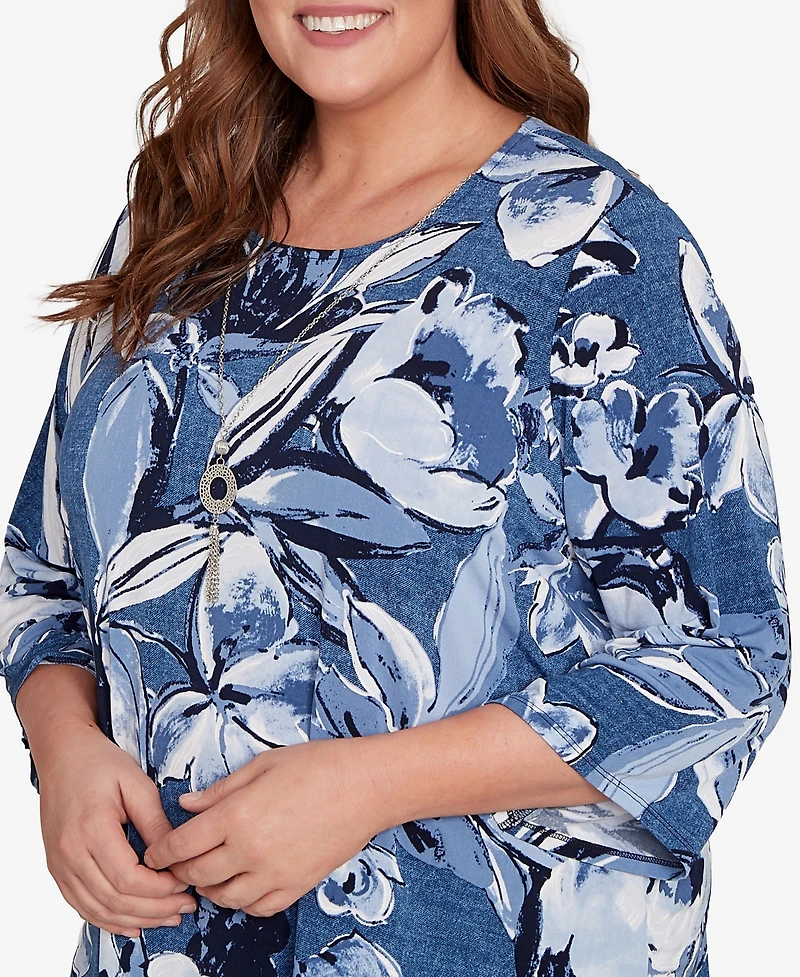 Alfred Dunner Plus Classic Puff Print Denim Floral Top