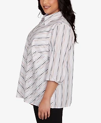 Alfred Dunner Plus Classic Mitered Textured Stripe Button Front Top