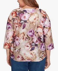 Alfred Dunner Plus Classic Textured Floral Ruched Sides Crew Neck Top