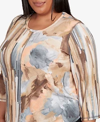 Alfred Dunner Plus Classic Spliced Floral Stripe Crew Neck Top