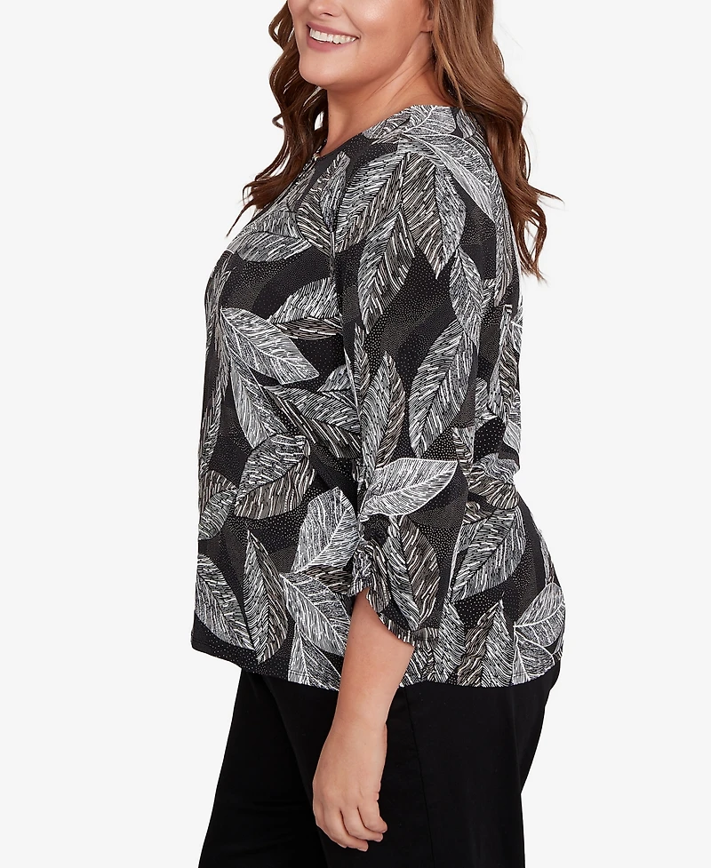 Alfred Dunner Plus Classic Puff Print Leaf Keyhole Neck Top
