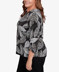 Alfred Dunner Plus Classic Puff Print Leaf Keyhole Neck Top