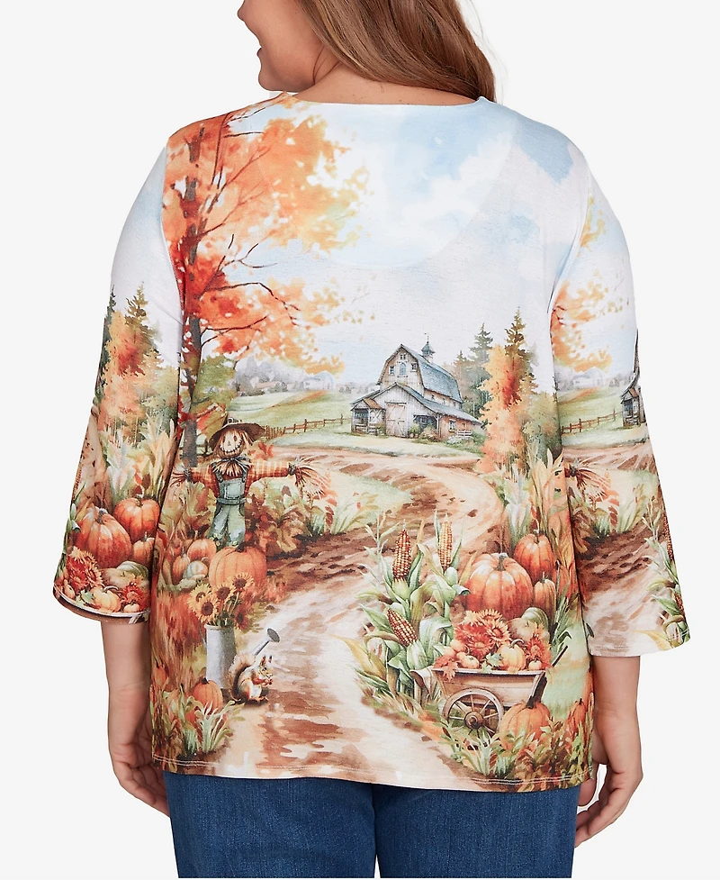 Alfred Dunner Plus Classic Farm Landscape Harvest Keyhole Neck Top