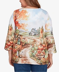 Alfred Dunner Plus Classic Farm Landscape Harvest Keyhole Neck Top