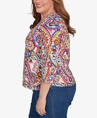Alfred Dunner Plus Paisley Three Quarter Sleeve Top