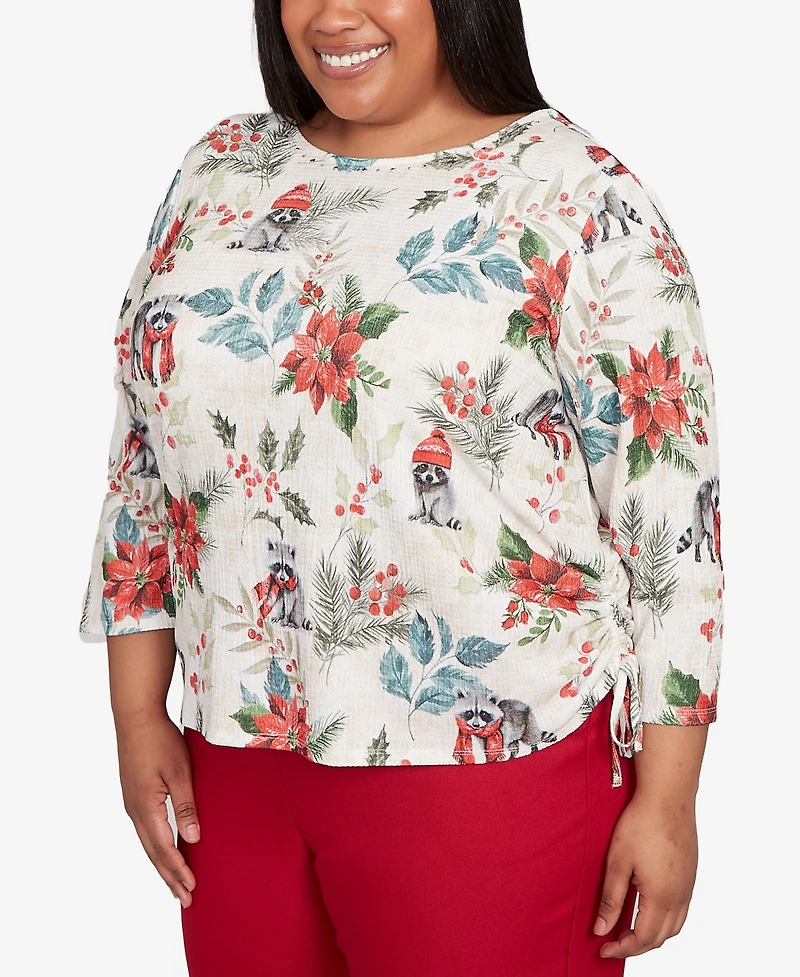 Alfred Dunner Plus Classic Holiday Poinsettias Crew Neck Top