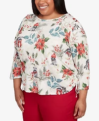 Alfred Dunner Plus Classic Holiday Poinsettias Crew Neck Top