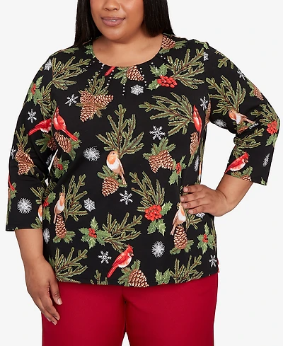 Alfred Dunner Plus Classic Cardinals And Pinecones Embellished Crew Neck Top