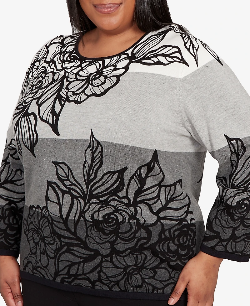 Alfred Dunner Plus Classic Ombre Floral Block Stripe Sweater
