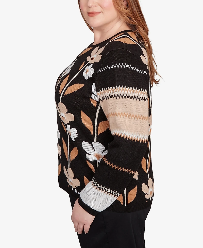 Alfred Dunner Plus Classic Vertical Flower Zig Zag Sweater
