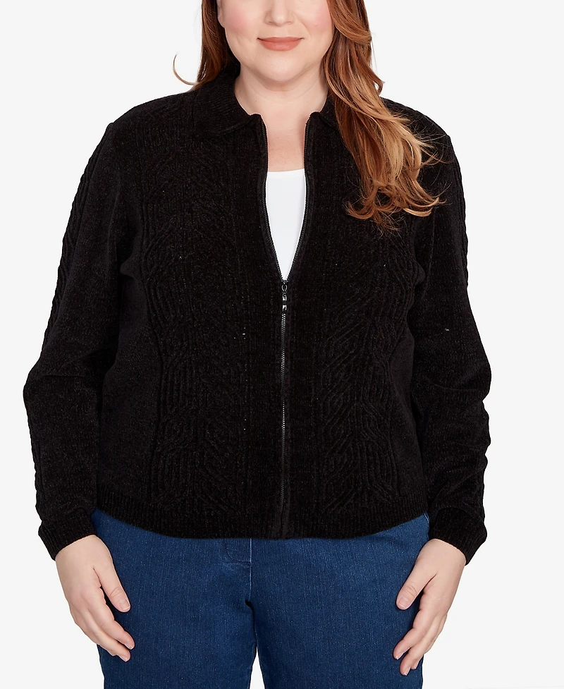 Alfred Dunner Plus Classic Zip-Front Chenille Collared Cardigan Sweater