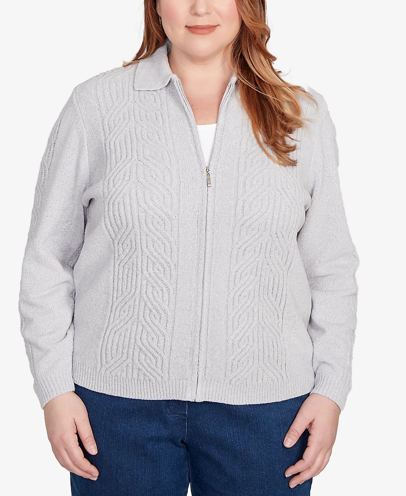 Alfred Dunner Plus Classic Zip-Front Chenille Collared Cardigan Sweater