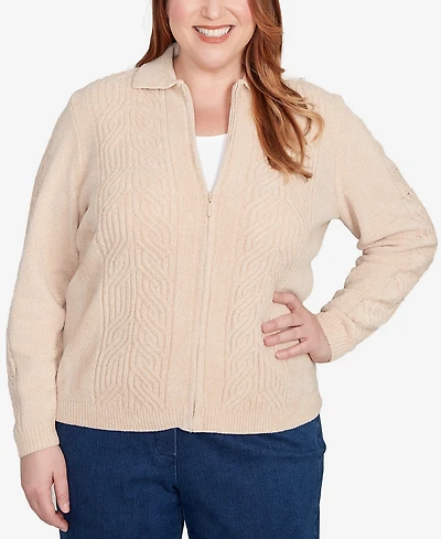 Alfred Dunner Plus Classic Zip-Front Chenille Collared Cardigan Sweater