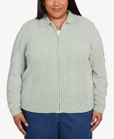 Alfred Dunner Plus Size Classic Zip-Front Chenille Collared Cardigan Sweater