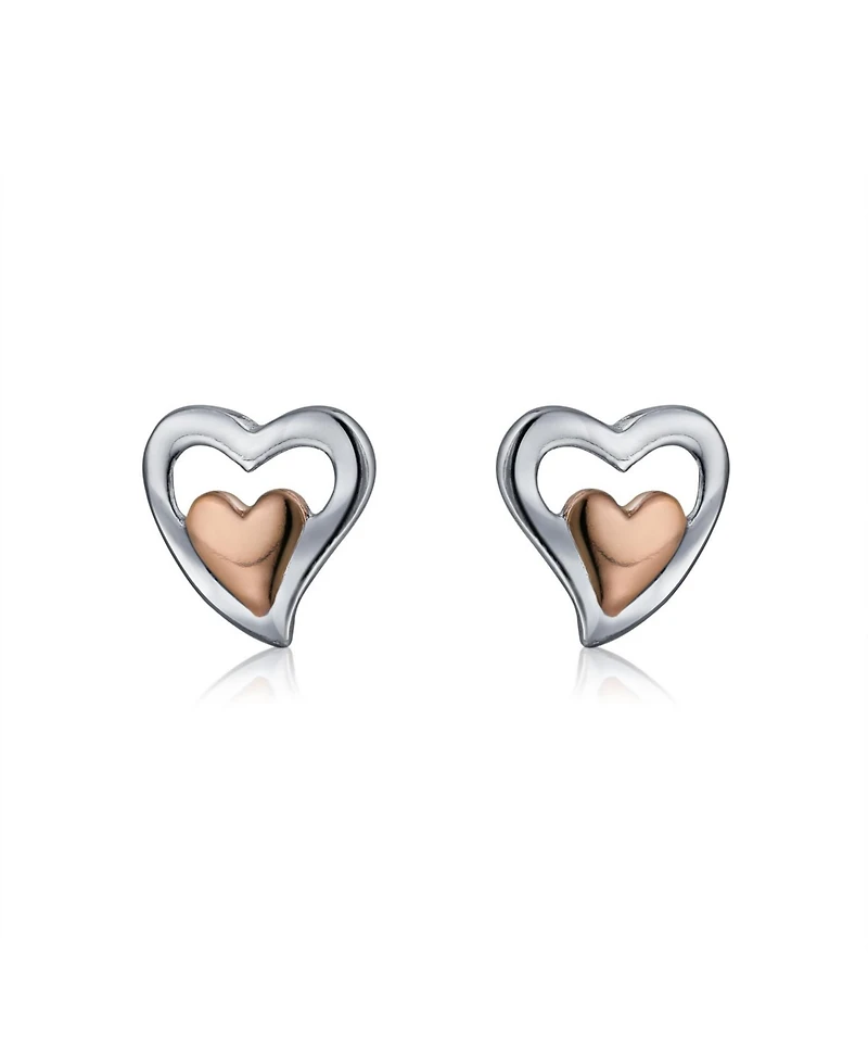 Bling Jewelry Petite Two-Toned Double Heart Stud Earrings, Rose Gold Sterling Silver Gift