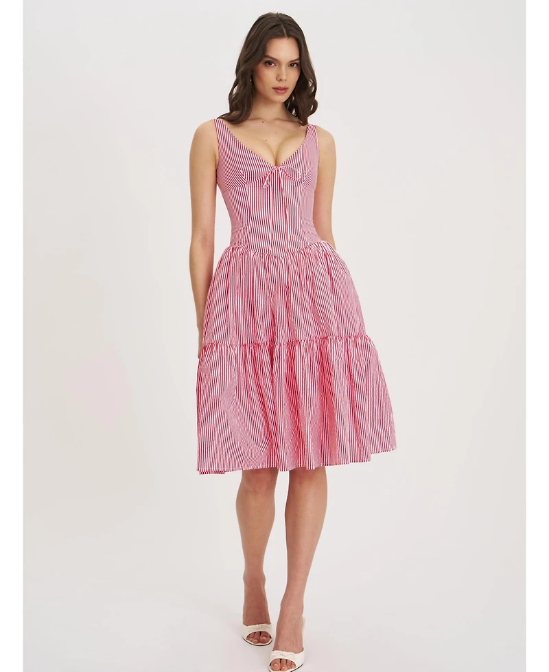 Miss Circle Women's Oceana Red Candy Stripe Drop Waist Midi Dress