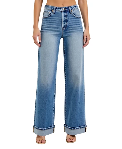 Modenaire Women's Wide-Leg Button-Fly Cuffed Patch Pocket Jeans