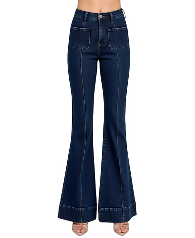 Modenaire Women's High Waist Flare Cuffed Hem Patch Pocket Jeans