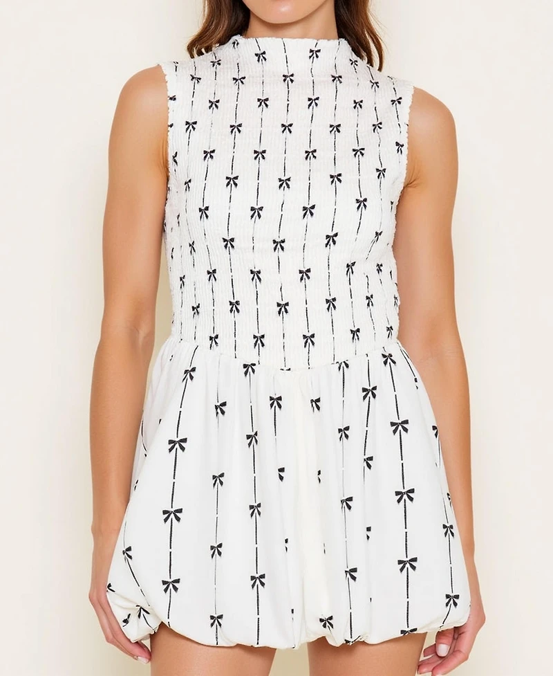 Modenaire Women's Sleeveless Smocked High Neck Embroidered Mini Dress